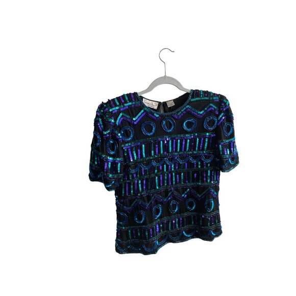 Vintage Laurence Kazar Sequined Silk Top Black Blue Green Short Sleeve Petite Me - Picture 10 of 10
